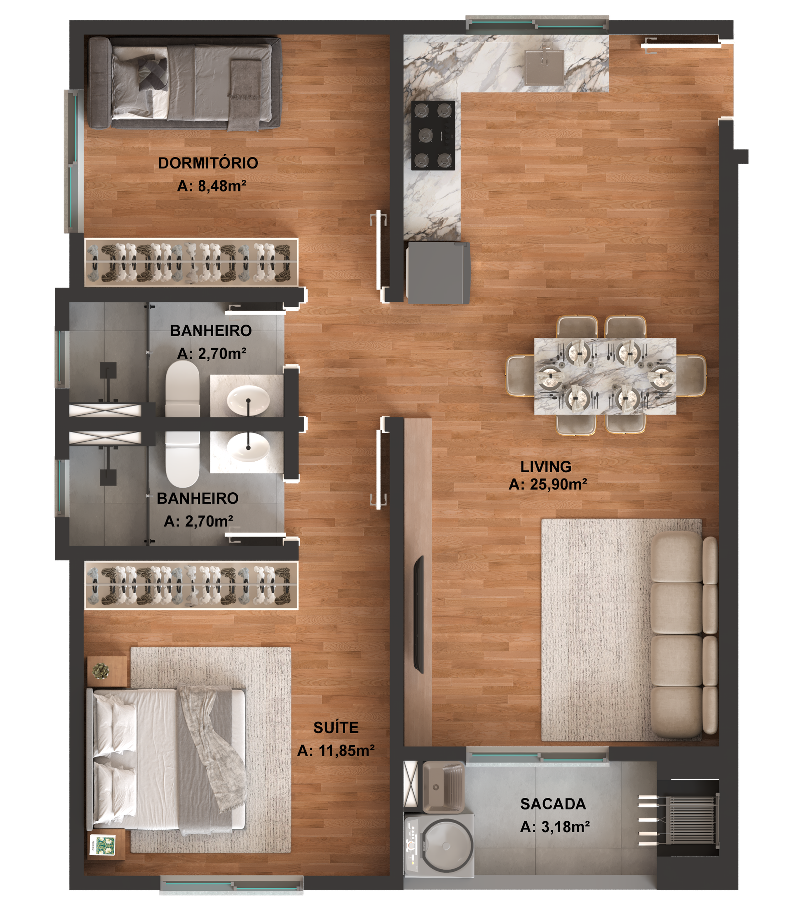 Planta baixa do apartamento final 01 e 04, com 63,06 metros quadrados